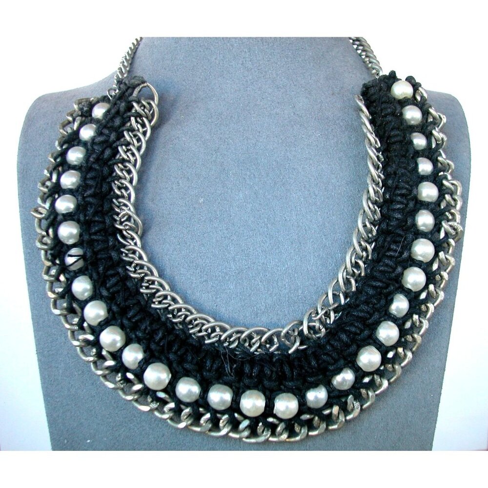 Statement Chunky Necklace With Silver Chains Black Crochet & Faux Pearl Accents
